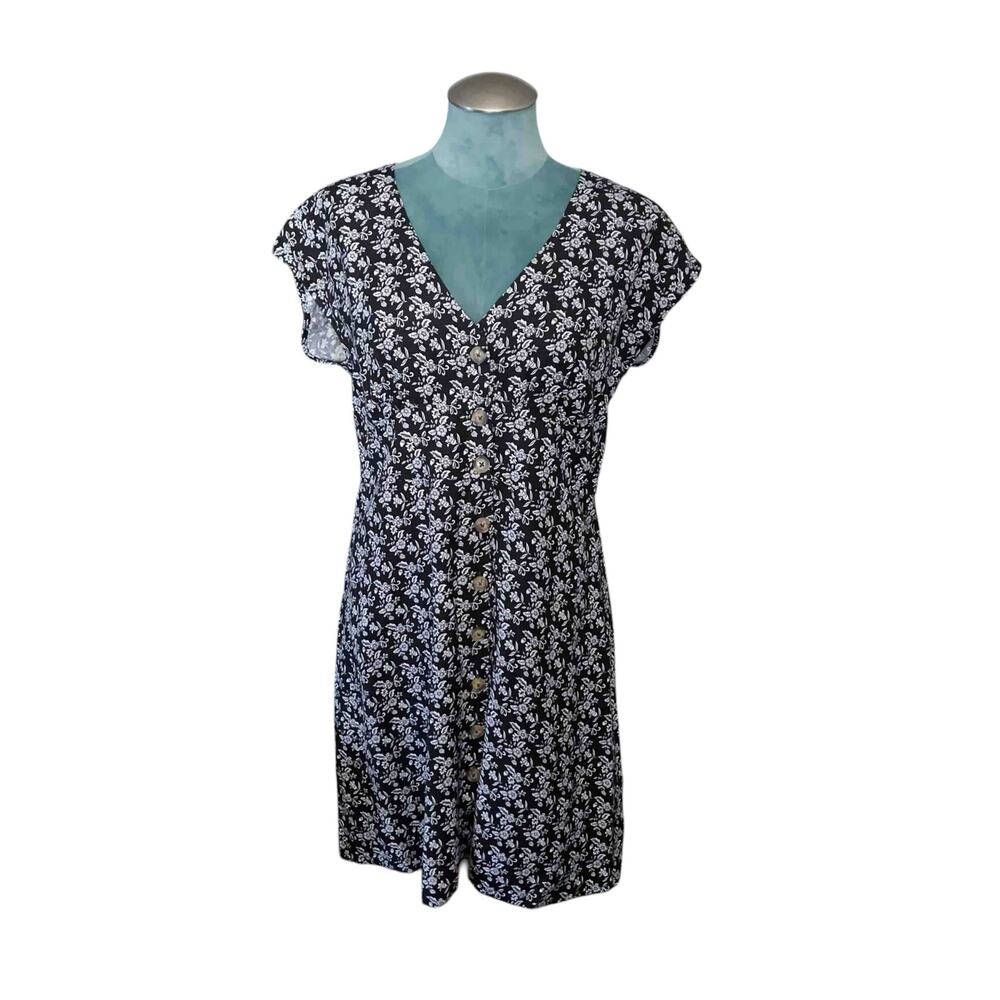 Loft Bloom Button Floral Flare Mini Dress 8 Black White Linen Romantic Feminine